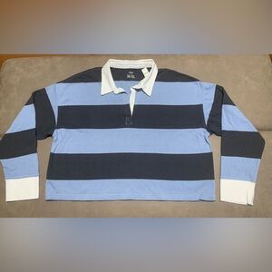 Aerie Women Blue Striped Collared Cropped Long Sleeve Oversized Shirt NEW Size L